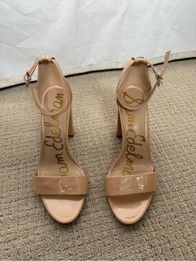 Sam Edelman Nude Patent Ankle-Strap Block Heel Sandals